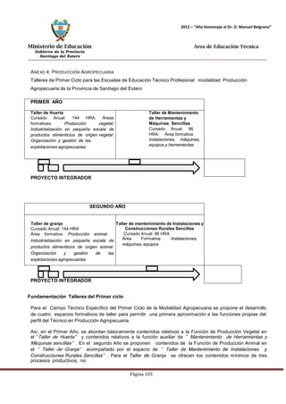 Ministerio de Educación 
Gobierno de la Provincia 
Santiago del Estero 
Página 105 
2012 – “Año Homenaje al Dr. D. Manuel Belgrano” 
Área de Educación Técnica 
ANEXO 4: PRODUCCIÓN AGROPECUARIA 
Talleres de Primer Ciclo para las Escuelas de Educación Técnico Profesional modalidad Producción 
Agropecuaria de la Provincia de Santiago del Estero 
PRIMER AÑO 
Taller de Huerta 
Cursado Anual: 144 HRA: Áreas formativas: Producción vegetal; Industrialización en pequeña escala de productos alimenticios de origen vegetal. Organización y gestión de las 
explotaciones agropecuarias 
Taller de Mantenimiento de Herramientas y Máquinas Sencillas Cursado Anual: 96 HRA: Área formativa: Instalaciones, máquinas, equipos y herramientas 
PROYECTO INTEGRADOR 
SEGUNDO AÑO 
Taller de granja 
Cursado Anual: 144 HRA 
Área formativa: Producción animal. 
Industrialización en pequeña escala de productos alimenticios de origen animal. Organización y gestión de las explotaciones agropecuarias 
Taller de mantenimiento de Instalaciones y Construcciones Rurales Sencillas 
Cursado Anual: 96 HRA 
Área Formativa: Instalaciones, máquinas, equipos 
PROYECTO INTEGRADOR 
Fundamentación Talleres del Primer ciclo 
Para el Campo Técnico Específico del Primer Ciclo de la Modalidad Agropecuaria se propone el desarrollo de cuatro espacios formativos de taller para permitir una primera aproximación a las funciones propias del perfil del Técnico en Producción Agropecuaria. 
Así, en el Primer Año, se abordan básicamente contenidos relativos a la Función de Producción Vegetal en el “Taller de Huerta” y contenidos relativos a la función auxiliar de “Mantenimiento de Herramientas y Máquinas sencillas”. En el segundo Año se proponen contenidos de la Función de Producción Animal en el “Taller de Granja” acompañado por el espacio de “Taller de Mantenimiento de Instalaciones y Construcciones Rurales Sencillas”. Para el Taller de Granja se ofrecen los contenidos mínimos de tres procesos productivos, no  