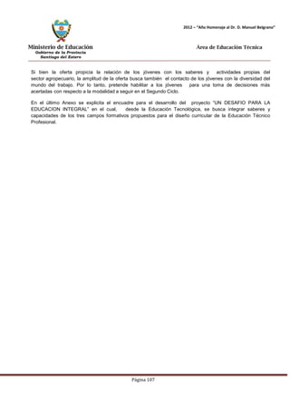 Ministerio de Educación 
Gobierno de la Provincia 
Santiago del Estero 
Página 107 
2012 – “Año Homenaje al Dr. D. Manuel Belgrano” 
Área de Educación Técnica 
Si bien la oferta propicia la relación de los jóvenes con los saberes y actividades propias del sector agropecuario, la amplitud de la oferta busca también el contacto de los jóvenes con la diversidad del mundo del trabajo. Por lo tanto, pretende habilitar a los jóvenes para una toma de decisiones más acertadas con respecto a la modalidad a seguir en el Segundo Ciclo. 
En el último Anexo se explicita el encuadre para el desarrollo del proyecto “UN DESAFIO PARA LA EDUCACION INTEGRAL” en el cual, desde la Educación Tecnológica, se busca integrar saberes y capacidades de los tres campos formativos propuestos para el diseño curricular de la Educación Técnico Profesional.  