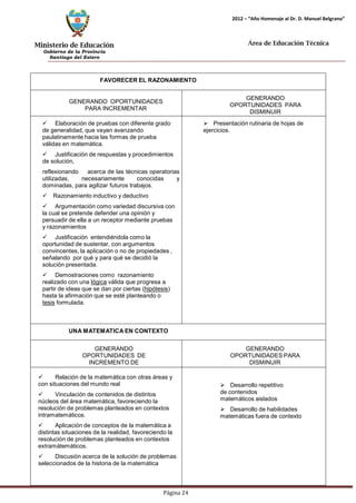 Ministerio de Educación 
Gobierno de la Provincia 
Santiago del Estero 
Página 24 
2012 – “Año Homenaje al Dr. D. Manuel Belgrano” 
Área de Educación Técnica 
FAVORECER EL RAZONAMIENTO 
GENERANDO OPORTUNIDADES PARA INCREMENTAR 
GENERANDO OPORTUNIDADES PARA DISMINUIR 
 Elaboración de pruebas con diferente grado de generalidad, que vayan avanzando paulatinamente hacia las formas de prueba válidas en matemática. 
 Justificación de respuestas y procedimientos de solución, 
reflexionando acerca de las técnicas operatorias utilizadas, necesariamente conocidas y dominadas, para agilizar futuros trabajos. 
 Razonamiento inductivo y deductivo 
 Argumentación como variedad discursiva con la cual se pretende defender una opinión y persuadir de ella a un receptor mediante pruebas y razonamientos 
 Justificación entendiéndola como la oportunidad de sustentar, con argumentos convincentes, la aplicación o no de propiedades , señalando por qué y para qué se decidió la solución presentada. 
 Demostraciones como razonamiento realizado con una lógica válida que progresa a partir de ideas que se dan por ciertas (hipótesis) hasta la afirmación que se esté planteando o tesis formulada. 
 Presentación rutinaria de hojas de ejercicios. 
UNAMATEMATICA EN CONTEXTO 
GENERANDO OPORTUNIDADES DE INCREMENTO DE 
GENERANDO OPORTUNIDADES PARA DISMINUIR 
 Relación de la matemática con otras áreas y con situaciones del mundo real 
 Vinculación de contenidos de distintos núcleos del área matemática, favoreciendo la resolución de problemas planteados en contextos intramatemáticos. 
 Aplicación de conceptos de la matemática a distintas situaciones de la realidad, favoreciendo la resolución de problemas planteados en contextos extramátemáticos. 
 Discusión acerca de la solución de problemas seleccionados de la historia de la matemática 
 Desarrollo repetitivo de contenidos matemáticos aislados 
 Desarrollo de habilidades matemáticas fuera de contexto  