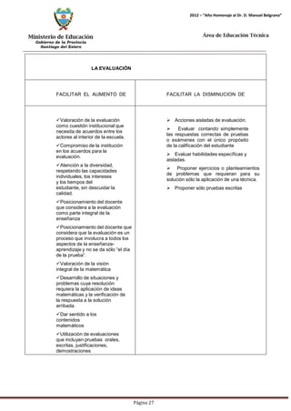 Ministerio de Educación 
Gobierno de la Provincia 
Santiago del Estero 
Página 27 
2012 – “Año Homenaje al Dr. D. Manuel Belgrano” 
Área de Educación Técnica 
LA EVALUACIÓN 
FACILITAR EL AUMENTO DE 
FACILITAR LA DISMINUCION DE 
Valoración de la evaluación como cuestión institucional que necesita de acuerdos entre los actores al interior de la escuela. 
Compromiso de la institución en los acuerdos para la evaluación. 
Atención a la diversidad, respetando las capacidades individuales, los intereses 
y los tiempos del estudiante, sin descuidar la calidad. 
Posicionamiento del docente que considera a la evaluación como parte integral de la enseñanza 
Posicionamiento del docente que considera que la evaluación es un proceso que involucra a todos los aspectos de la enseñanza- aprendizaje y no se da sólo “el día de la prueba”. 
Valoración de la visión integral de la matemática 
Desarrollo de situaciones y problemas cuya resolución requiera la aplicación de ideas matemáticas y la verificación de la respuesta a la solución arribada. 
Dar sentido a los contenidos matemáticos 
Utilización de evaluaciones que incluyan pruebas orales, escritas, justificaciones, demostraciones 
 Acciones aisladas de evaluación. 
 Evaluar contando simplemente las respuestas correctas de pruebas o exámenes con el único propósito de la calificación del estudiante 
 Evaluar habilidades específicas y aisladas. 
 Proponer ejercicios o planteamientos de problemas que requieran para su solución sólo la aplicación de una técnica. 
 Proponer sólo pruebas escritas  