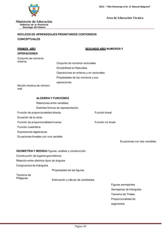 Ministerio de Educación 
Gobierno de la Provincia 
Santiago del Estero 
Página 28 
2012 – “Año Homenaje al Dr. D. Manuel Belgrano” 
Área de Educación Técnica 
NÚCLEOS DE APRENDIZAJES PRIORITARIOS CONTENIDOS CONCEPTUALES 
PRIMER AÑO SEGUNDO AÑO NUMEROSY OPERACIONES 
Conjunto de números enteros. 
Noción intuitiva de número real 
Conjunto de números racionales 
Divisibilidad en Naturales 
Operaciones en enteros y en racionales. Propiedades de los números y sus operaciones 
ALGEBRAY FUNCIONES 
Relaciones entre variables. 
Distintas formas de representación. 
Función de proporcionalidad directa. Función lineal 
Ecuación de la recta 
Función de proporcionalidad inversa Función no lineal 
Función cuadrática 
Expresiones algebraicas 
Ecuaciones lineales con una variable. 
Ecuaciones con dos variables 
GEOMETRIAY MEDIDA Figuras: análisis y construcción. Construcción de lugares geométricos 
Relación entre distintos tipos de ángulos 
Congruencia de triángulos 
Teorema de Pitágoras 
Propiedades de las figuras. Estimación y cálculo de cantidades. 
Figuras semejantes Semejanza de triángulos Teorema de Thales Proporcionalidad de segmentos  