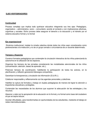 EJES VERTEBRADORES
Continuidad
Proceso complejo que implica todo quehacer educativo integrando sus tres ejes: Pedagógico,
organizativo – administrativo, socio – comunitario; acorde al contexto y con implicaciones afectivas,
cognitivas y sociales. Dicho proceso debe asegurar el derecho a la educación y el tránsito por el
sistema educativo formal y no formal
Eje organizacional
Dinámica institucional: instalar la mirada colectiva donde todos los niños sean considerados como
pertenecientes a la institución y no de un grupo cerrado o circunstancia de un docente determinado.
Tiempos y Espacios
Construir formatos pedagógicos que contemplen la circulación interactiva de los niños potenciando la
autonomía en la utilización de los espacios.
Organizar los tiempos de las jornadas considerando las modalidades atencionales de los niños
(concentración, atención, deseo de aprender, etc.).
Potenciar tiempos de coordinación, habilitando la participación de todos los actores, en la
planificación y reflexión generando liderazgos compartidos.
Garantizar la transparencia y circulación de información (G.U.R.I.).
Colaborar responsable y reflexivamente con las agendas personales y colectivas.
Habilitar la ruptura de formatos y trabajo en duplas pedagógicas de manera de lograr la atención a
trayectorias educativas y protegidas.
Contemplar las necesidades de los alumnos que suponen la adecuación de las estrategias y los
recursos.
Atesorar y velar por la apropiación de la educación en lo formal y no formal como base del ciudadano
al que se aspira educar.
Acordar dificultades, para transformarlas en oportunidades de los estudiantes, mediante el trabajo en
redes interinstitucionales.
 