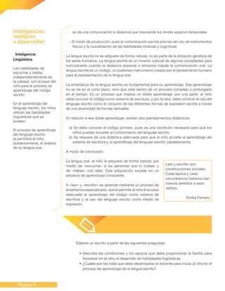 Página 6
Elabore un escrito a partir de las siguientes preguntas:
• Describa las condiciones y los apoyos que debe proporcionar la familia para
favorecer en el niño el desarrollo de habilidades lingüísticas.
• ¿Cuáles son los roles que debe desempeñar el docente para iniciar al niño en el
proceso de aprendizaje de la lengua escrita?
se da una comunicación a distancia que trasciende los límites espacio-temporales.
- El modo de producción, pues la comunicación escrita precisa del uso de instrumentos
físicos y la coordinación de las habilidades motoras y cognitivas.
La lengua escrita no se adquiere de forma natural, no es parte de la dotación genética de
los seres humanos. La lengua escrita es un invento cultural de algunas sociedades para
comunicarse cuando la distancia espacial o temporal impide la comunicación oral. La
lengua escrita es un código, un poderoso instrumento creado por el pensamiento humano
para la representación de la lengua oral.
La enseñanza de la lengua escrita es fundamental para su aprendizaje. Ese aprendizaje
no se da en el corto plazo, sino que está dentro de un proceso complejo y prolongado
en el tiempo. Es un proceso que implica un doble aprendizaje: por una parte, el niño
debe conocer el código como sistema de escritura, y por la otra, debe conocer el uso del
lenguaje escrito como el conjunto de las diferentes formas de expresión escrita a través
de una diversidad de formas textuales.
En relación a ese doble aprendizaje, existen dos planteamientos didácticos:
a) Se debe conocer el código primero, pues es una condición necesaria para que los
niños puedan acceder al conocimiento del lenguaje escrito.
b) Se requiere de una didáctica adecuada para que el niño acceda al aprendizaje del
sistema de escritura y al aprendizaje del lenguaje escrito, paralelamente.
A modo de conclusión:
La lengua oral, el niño la adquiere de forma natural, por
medio de –escuchar– a las personas que lo rodean y
de –hablar– con ellas. Esta adquisición sucede sin un
esfuerzo de aprendizaje consciente.
A –leer– y –escribir– se aprende mediante un proceso de
enseñanza especializado, que le permite al niño el acceso
adecuado al aprendizaje del código como sistema de
escritura y al uso del lenguaje escrito como medio de
expresión.
Inteligencia
Lingüística
Las habilidades de
escuchar y hablar,
independientemente de
la calidad, son la base del
niño para el proceso de
aprendizaje del código
escrito.
En el aprendizaje del
lenguaje escrito, los niños
utilizan las habilidades
lingüísticas que ya
poseen.
El proceso de aprendizaje
del lenguaje escrito
le permitirá al niño,
posteriormente, el análisis
de su lengua oral.
Inteligencias
múltiples
a desarrollar:
Leer y escribir son
construcciones sociales.
Cada época y cada
circunstancia histórica dan
nuevos sentidos a esos
verbos.
Emilia Ferreiro
 