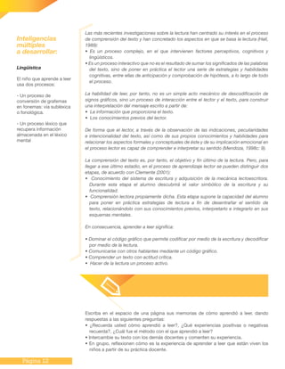 Página 12
Las más recientes investigaciones sobre la lectura han centrado su interés en el proceso
de comprensión del texto y han concretado los aspectos en que se basa la lectura (Hall,
1989):
• Es un proceso complejo, en el que intervienen factores perceptivos, cognitivos y
lingüísticos.
• Es un proceso interactivo que no es el resultado de sumar los significados de las palabras
del texto, sino de poner en práctica el lector una serie de estrategias y habilidades
cognitivas, entre ellas de anticipación y comprobación de hipótesis, a lo largo de todo
el proceso.
La habilidad de leer, por tanto, no es un simple acto mecánico de descodificación de
signos gráficos, sino un proceso de interacción entre el lector y el texto, para construir
una interpretación del mensaje escrito a partir de:
• La información que proporciona el texto.
• Los conocimientos previos del lector.
De forma que el lector, a través de la observación de las indicaciones, peculiaridades
e intencionalidad del texto, así como de sus propios conocimientos y habilidades para
relacionar los aspectos formales y conceptuales de éste y de su implicación emocional en
el proceso lector es capaz de comprender e interpretar su sentido (Mendoza, 1998c: 9).
La comprensión del texto es, por tanto, el objetivo y fin último de la lectura. Pero, para
llegar a ese último estadio, en el proceso de aprendizaje lector se pueden distinguir dos
etapas, de acuerdo con Clemente (2001):
• Conocimiento del sistema de escritura y adquisición de la mecánica lectoescritora.
Durante esta etapa el alumno descubrirá el valor simbólico de la escritura y su
funcionalidad.
• Comprensión lectora propiamente dicha. Esta etapa supone la capacidad del alumno
para poner en práctica estrategias de lectura a fin de desentrañar el sentido de
texto, relacionándolo con sus conocimientos previos, interpretarlo e integrarlo en sus
esquemas mentales.
En consecuencia, aprender a leer significa:
• Dominar el código gráfico que permite codificar por medio de la escritura y decodificar
por medio de la lectura.
• Comunicarse con otros hablantes mediante un código gráfico.
• Comprender un texto con actitud crítica.
• Hacer de la lectura un proceso activo.
Lingüística
El niño que aprende a leer
usa dos procesos:
- Un proceso de
conversión de grafemas
en fonemas: vía subléxica
o fonológica.
- Un proceso léxico que
recupera información
almacenada en el léxico
mental
Inteligencias
múltiples
a desarrollar:
Escriba en el espacio de una página sus memorias de cómo aprendió a leer, dando
respuestas a las siguientes preguntas:
• ¿Recuerda usted cómo aprendió a leer?, ¿Qué experiencias positivas o negativas
recuerda?, ¿Cuál fue el método con el que aprendió a leer?
• Intercambie su texto con los demás docentes y comenten su experiencia.
• En grupo, reflexionen cómo es la experiencia de aprender a leer que están viven los
niños a partir de su práctica docente.
 