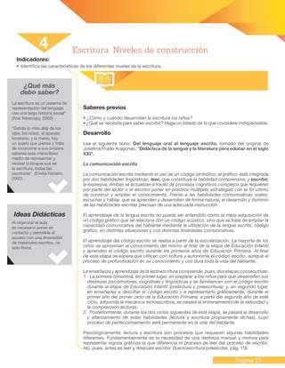 Página 13
Indicadores:
•	Identifica las características de los diferentes niveles de la escritura.
¿Qué más
debo saber?
Saberes previos
• ¿Cómo y cuándo desarrollan la escritura los niños?
• ¿Qué se necesita para saber escribir? Haga un listado de lo que considere indispensable.
Desarrollo
Lea el siguiente texto: Del lenguaje oral al lenguaje escrito, tomado del original de
Josefina Prado Aragonés, “Didáctica de la lengua y la literatura para educar en el siglo
XXI”.
La comunicación escrita
La comunicación escrita mediante el uso de un código simbólico, el gráfico, está integrada
por dos habilidades lingüísticas: leer, que constituye la habilidad comprensiva; y escribir,
la expresiva. Ambas se actualizan a través de procesos cognitivos complejos que requieren
por parte del lector o el escritor poner en práctica múltiples estrategias con el fin último
de construir y ampliar el conocimiento. Frente a las habilidades comunicativas orales,
escuchar y hablar, que se aprenden y desarrollan de forma natural; el desarrollo y dominio
de las habilidades escritas precisan de una adecuada instrucción.
El aprendizaje de la lengua escrita no puede ser entendido como la mera adquisición de
un código gráfico que se relaciona con un código acústico, sino que se trata de ampliar la
capacidad comunicativa del hablante mediante la utilización de la lengua escrita, código
gráfico, en distintas situaciones y con distintas finalidades comunicativas.
El aprendizaje del código escrito se realiza a partir de la escolarización. La mayoría de los
niños se aproximan al conocimiento del mismo al final de la etapa de Educación Infantil
y aprenden el código escrito durante los primeros años de Educación Primaria. Al final
de esta etapa se espera que utilicen con soltura y autonomía el código escrito, aunque el
proceso de profundización en su conocimiento y uso dura toda la vida del hablante.
La enseñanza y aprendizaje de la lectoescritura comprende, pues, dos etapas consecutivas:
1. La primera consistirá, en primer lugar, en preparar a los niños para que desarrollen sus
destrezas psicomotoras, cognitivas y lingüísticas y se familiaricen con el código escrito
durante la etapa de Educación Infantil (prelectura y preescritura); y, en segundo lugar,
en enseñarles a descifrar el código escrito y a representarlo gráficamente, durante el
primer año del primer ciclo de la Educación Primaria; a partir del segundo año de este
ciclo, adquirida la mecánica lectoescritora, se pasará al entrenamiento de la velocidad y
la comprensión lectoras.
2. Posteriormente, durante los dos ciclos siguientes de esta etapa, se pasará al desarrollo
y afianzamiento de estas habilidades (lectura y escritura propiamente dichas), cuyo
proceso de perfeccionamiento será permanente en la vida del hablante.
Psicológicamente, lectura y escritura son procesos que requieren algunas habilidades
diferentes. Fundamentalmente es la necesidad de una destreza manual y motora para
representar signos gráficos la que diferencia el proceso de leer del proceso de escribir.
Así, pues, antes es leer y después escribir. (lLectoescritura preescolar, pág. 10).
4 Escritura. Niveles de construcción
La escritura es un sistema de
representación del lenguaje
con una larga historia social”
(Ana Teberosky, 2003)
“Detrás (o más allá) de los
ojos, los oídos, el aparato
fonatorio, y la mano, hay
un sujeto que piensa y trata
de incorporar a sus propios
saberes este maravilloso
medio de representar y
recrear la lengua que es
la escritura, todas las
escrituras” (Emilia Ferreiro,
2002)
Ideas Didácticas
Al organizar el aula
es necesario poner en
contacto y permitirle el
acceso con una diversidad
de materiales escritos, no
solo libros.
 