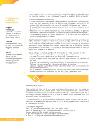Página 18
En una situación real de comunicación, los interlocutores automáticamente analizan estos
tres principios y valoran en qué medida están logrando su propósito de comunicación.
Principios del enfoque comunicativo:
• La comunicación oral y escrita es su centro de interés, con el énfasis que la lengua se
aprende a partir del uso en situaciones de comunicación, reales o simuladas, en las
que los niños utilicen las diferentes formas de expresión del lenguaje oral y escrito.
• El proceso de enseñanza y aprendizaje se centra en el interés del estudiante, como
protagonista
• Los contenidos son contextualizados. Se parte de textos auténticos, de géneros
discursivos. De ahí que se considera a la literatura como un laboratorio de lenguaje.
• Los errores son parte del proceso de aprendizaje, y es un medio que el docente debe
utilizar, positivamente en el proceso.
A partir de estos principios generales, el enfoque comunicativo supera el aprendizaje de
la lengua a partir de palabras y oraciones, y pone su atención en el texto o discurso oral y
escrito, como la unidad real de comunicación. De ahí que los contenidos de aprendizaje
del currículo tengan como eje estructural los tipos de texto que se usan en un contexto
determinado, con una finalidad, y dirigidos a un destinatario. Los textos son el punto de
partida en la enseñanza de la lengua.
Con el enfoque comunicativo el docente desempeña un amplio repertorio de roles:
• Identificar y analizar las necesidades de aprendizaje de los niños.
• Crear situaciones de comunicación que respondan a esas necesidades.
• Diseñar un repertorio de actividades que permitan la participación y la expresión de
los niños.
• Organizar los espacios y los materiales en función de las situaciones comunicativas.
• Participar como un compañero más en las actividades de los niños.
• Observar y registrar sistemáticamente las habilidades de los niños en la resolución de
situaciones comunicativas.
• Ser un mediador y guía del aprendizaje, que posicione al niño como protagonista de su
proceso de aprendizaje, y fomente, a la vez, la cooperación entre los niños.
Corporal-
cinestésica:
habilidades para utilizar
la fuerza, la flexibilidad,
la coordinación y el
equilibrio del cuerpo.
Espacial:
la representación visual
de ideas y la creación de
imágenes mentales
Lógica:
para identificar modelos,
realizar cálculos,
establecer y comprobar
hipótesis y utilizar el
método científico.
Inteligencias
múltiples
a desarrollar:
Lea la siguiente situación:
Tu prima Inés viajó, hace más de cinco años, hacia Estados Unidos, donde ahora vive junto a sus
padres. Dentro de unos días cumplirá 15 años y la abuela y tú la extrañan mucho. La abuela estuvo
recordando las tardes cuando le preparaba sus platillos favoritos: que si los tamalitos de elote, que si
los pastelitos. La abuela asegura que Inés ha de echar de menos la comida salvadoreña, sobre todo
porque ella siempre fue muy comelona.
Tú piensas que Inés, al igual que muchos salvadoreños, extraña su país y, por supuesto, a
la familia y en especial a la cariñosa abuela; así que tú te has propuesto escribirle una carta
a Inés para que se alegre.
Actividad en dos grupos:
Grupo 1: Escriben una carta a Inés, de no más de una página.
Grupo 2: Responden la carta como Inés (sin tener la carta del grupo 1)
Ambos grupos leen las cartas al pleno y reflexiona:
• ¿Es la misma situación comunicativa para los interlocutores?
• ¿Hay un solo propósito en ambos mensajes o textos?
 