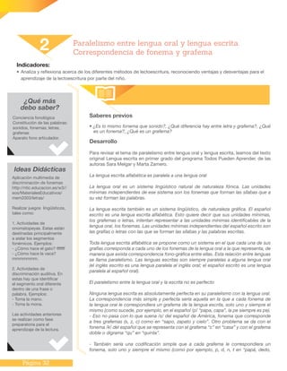 Página 32
Indicadores:
•	Analiza y reflexiona acerca de los diferentes métodos de lectoescritura, reconociendo ventajas y desventajas para el
aprendizaje de la lectoescritura por parte del niño.
Saberes previos
• ¿Es lo mismo fonema que sonido?, ¿Qué diferencia hay entre letra y grafema?, ¿Qué
es un fonema?, ¿Qué es un grafema?
Desarrollo
Para revisar el tema de paralelismo entre lengua oral y lengua escrita, leamos del texto
original Lengua escrita en primer grado del programa Todos Pueden Aprender, de las
autoras Sara Melgar y Marta Zamero.
La lengua escrita alfabética es paralela a una lengua oral
La lengua oral es un sistema lingüístico natural de naturaleza fónica. Las unidades
mínimas independientes de ese sistema son los fonemas que forman las sílabas que a
su vez forman las palabras.
La lengua escrita también es un sistema lingüístico, de naturaleza gráfica. El español
escrito es una lengua escrita alfabética. Esto quiere decir que sus unidades mínimas,
los grafemas o letras, intentan representar a las unidades mínimas identificables de la
lengua oral, los fonemas. Las unidades mínimas independientes del español escrito son
las grafías o letras con las que se forman las sílabas y las palabras escritas.
Toda lengua escrita alfabética se propone como un sistema en el que cada una de sus
grafías corresponda a cada uno de los fonemas de la lengua oral a la que representa, de
manera que exista correspondencia fono-gráfica entre ellas. Esta relación entre lenguas
se llama paralelismo. Las lenguas escritas son siempre paralelas a alguna lengua oral
(el inglés escrito es una lengua paralela al inglés oral; el español escrito es una lengua
paralela al español oral).
El paralelismo entre la lengua oral y la escrita no es perfecto
Ninguna lengua escrita es absolutamente perfecta en su paralelismo con la lengua oral.
La correspondencia más simple y perfecta sería aquella en la que a cada fonema de
la lengua oral le correspondiera un grafema de la lengua escrita, solo uno y siempre el
mismo (como sucede, por ejemplo, en el español /p/ “papa, capa”, la pe siempre es pe).
- Eso no pasa con lo que suena /s/ del español de América, fonema que corresponde
a tres grafemas (s, z, c) como en “sapo, zapato y cielo”. Otro problema se da con el
fonema /k/ del español que se representa con el grafema “c” en “casa” y con el grafema
doble o digrama “qu” en “quinta”.
- También sería una codificación simple que a cada grafema le correspondiera un
fonema, solo uno y siempre el mismo (como por ejemplo, p, d, n, t en “papá, dedo,
2 Paralelismo entre lengua oral y lengua escrita.
Correspondencia de fonema y grafema
¿Qué más
debo saber?
Conciencia fonológica
Constitución de las palabras:
sonidos, fonemas; letras,
grafenas
Aparato fono articulador.
Ideas Didácticas
Aplicación multimedia de
discriminación de fonemas
http://ntic.educacion.es/w3//
eos/MaterialesEducativos/
mem2003/letras/
Realizar juegos lingüísticos,
tales como:
1. Actividades de
onomatopeyas. Estas están
destinadas principalmente
a aislar los segmentos
fonémicos. Ejemplos:
- ¿Cómo hace el gato? fffffff
- ¿Cómo hace la vaca?
mmmmmmm.
2. Actividades de
discriminación auditiva. En
estas hay que identificar
el segmento oral diferente
dentro de una frase o
palabra. Ejemplos:
- Toma la mano.
- Toma la mona.
Las actividades anteriores
se realizan como fase
preparatoria para el
aprendizaje de la lectura.
 