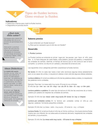 Página 37
Indicadores:
•	Determina criterios para medir la fluidez lectora.
•	Diagnóstica el proceso lector.
Saberes previos
• ¿Qué entienden por fluidez lectora?
• ¿Para qué es necesario que el niño lea con fluidez?
Desarrollo
1. Fluidez Lectora
La Fluidez Lectora se entiende en primer lugar por las pausas que hace el niño para
leer; si lo hace después de cada sílaba, cada palabra, grupos de palabra, o respetando
las unidades de sentido. Además, el tiempo de lectura que el niño toma en leer el texto
completo. Lo anterior, se resume en calidad y velocidad de la lectura oral.
Las siguientes cinco categorías permiten caracterizar la fluidez lectora:
No lector. El niño no sabe leer nada o bien sólo reconoce algunas letras aisladamente
pero no es capaz de unirlas, ni siquiera en sílabas o bien sólo lee algunas sílabas aisladas.
Lectura silábica. En la lectura silábica el niño lee las palabras sílaba a sílaba, no respetando
las palabras como unidades.
Ejemplo: Para leer: La mesa está muy sucia. El lunes la voy a limpiar.
El niño lee: La – me – sa – es- tá – muy – su- cia. El- lu –nes – la – voy – a- lim- piar.
Lectura palabra a palabra. En este tipo de lectura el niño lee las oraciones de un texto,
palabra por palabra sin respetar las unidades de sentido.
Ejemplo: El niño lee: La- mesa- está- muy-sucia. El- lunes- la- voy- a- limpiar.
Lectura por unidades cortas. En la lectura por unidades cortas el niño ya une
algunas palabras formando pequeñas unidades.
Ejemplo: El niño lee: La mesa – está – muy sucia. – El lunes la - voy – a limpiar.
Lectura fluida. En la lectura fluida el niño lee en forma continua. Una buena lectura fluida
implica dar una inflexión de voz adecuada al contenido del texto, respetando las unidades
de sentido y la puntuación.
Ejemplo: El niño lee: La mesa está muy sucia. – El lunes la voy a limpiar.
4 Tipos de fluidez lectora.
Cómo evaluar la fluidez.
¿Qué más
debo saber?
Estrategias para mejorar las
dificultades del niño en el
proceso de aprendizaje de la
lectura.
Adecuación a practicar
dentro del aula para los
niños/as que presentan
dificultades en el proceso
de aprendizaje de la lectura.
Condemarin Mabel. (1995)
Madurez Escolar.
Ideas Didácticas
La maleta del cuento
Acordar con los niños un
tiempo para disfrutar la
lectura, en este espacio
todos leen sin presiones de
ninguna clase, sin preguntas
ni cuestionarios, los niños y
adultos que estén en clase
leen por placer textos de su
preferencia.
En el sitio web “Aula de
apoyo, pase sin llamar”,
contiene juegos interactivos
que permiten medir la fluidez
lectura en niños/as de
primer grado. Ver la parte de
referencia de consulta.
 