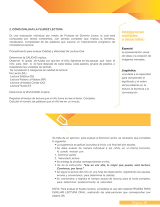 Página 39
2. CÓMO EVALUAR LA FLUIDEZ LECTURA
Es una evaluación individual por medio de Pruebas de Dominio Lector, la cual está
compuesta por textos coherentes, con sentido completo que implica la temática,
vocabulario, complejidad de las palabras que supone un mejoramiento progresivo de
competencia lectora.
Procedimiento para evaluar Calidad y Velocidad de Lectura Oral
Determinar la CALIDAD implica:
Observar el grado de fluidez con que lee el niño, fijándose en las pausas que hace el
niño para leer; si lo hace después de cada sílaba, cada palabra, grupos de palabra, o
respetando las unidades de sentido.
Se consideran 5 categorías de calidad de lectura:
No Lector (NL)
Lectura Silábica (Sil)
Lectura Palabra a Palabra (PP)
Lectura Unidades Cortas (UC)
Lectura Fluida (Fl)
Determinar la VELOCIDAD implica:
Registrar el tiempo de lectura que el niño toma en leer el texto. Completo.
Calcular el número de palabras que el niño lee en un minuto.
Se trata de un ejercicio para evaluar el Dominio Lector, es necesario que considere
lo siguiente:
• La sugerencia es aplicar la prueba al inicio o al final del año escolar.
• Se debe evaluar de manera individual a los niños, en un mismo momento,
lo puedo evaluar por:
1. Dominio Lector
2. Velocidad Lectora
• Se entrega la prueba correspondiente al niño.
• Se da la instrucción: “Lee en voz alta, lo mejor que pueda, esta lectura.
Comience, por favor.”
• Se sigue la lectura del niño en una hoja de observación, registrando las pausas,
errores y comentarios, para determinar la calidad.
• Se cronometra y registra el tiempo exacto de lectura, para el texto completo,
para determinar posteriormente la velocidad.
NOTA: Para evaluar la fluidez lectora, considerar el uso del material PRUEBA PARA
EVALUAR LECTURA ORAL, realizando las adecuaciones que correspondan (ver
página 38).
Espacial:
la representación visual
de ideas y la creación de
imágenes mentales.
Lingüística:
vinculada a la capacidad
para comprender el
significado y el orden
de las palabras en la
lectura, la escritura y la
conversación
Inteligencias
múltiples
a desarrollar:
 