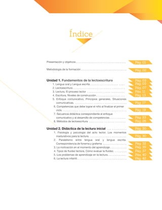 Índice
Pág. 01
Pág. 03
Pág. 07
Pág. 11
Pág. 13
Pág. 03
Pág. 19
Pág. 26
Pág. 31
Pág. 02
Presentación y objetivos . . . . . . . . . . . . . . . . . . . . . . . . . . . . . . . . . .
Metodología de la formación . . . . . . . . . . . . . . . . . . . . . . . . . . . . . . .
Unidad 1. Fundamentos de la lectoescritura
1. Lengua oral y Lengua escrita . . . . . . . . . . . . . . . . . . . . . . .
2. Lectoescritura . . . . . . . . . . . . . . . . . . . . . . . . . . . . . . . . . . .
3. Lectura. El proceso lector . . . . . . . . . . . . . . . . . . . . . . . . .
4. Escritura. Niveles de construcción . . . . . . . . . . . . . . . . . . .
5. Enfoque comunicativo. Principios generales. Situaciones
comunicativas. . . . . . . . . . . . . . . . . . . . . . . . . . . . . . . . . . .
6. Competencias que debe lograr el niño al finalizar el primer
ciclo. . . . . . . . . . . . . . . . . . . . . . .. .. . . . . . . . . . . . . . . . . . .
7. Secuencia didáctica correspondiente al enfoque
comunicativo y al desarrollo de competencias . . . . . . . . . . .
8. Métodos de lectoescritura . . . . . . . . . . . . . . . . . . . . . . . .
Unidad 2. Didáctica de la lectura inicial . . . . . . . . . . . . .
1. Fisiología y psicología del acto lector. Los momentos
madurativos para la lectura. . . . . . . . . . . . . . . . . . . . . . . . .
2. Paralelismo entre lengua oral y lengua escrita.
Correspondencia de fonema y grafema . . . . . . . . . . . . . . . . . .
3. La motivación en el momento del aprendizaje . . . . . . . . . . . .
4. Tipos de fluidez lectora. Cómo evaluar la fluidez. . . . . . . . .
5. Los problemas de aprendizaje en la lectura. . . . . . . . . . . . .
6. La lectura infantil. . . . . . . . . . . . . . . . . . . . . . . . . . . . . . . . .
Pág. 17
Pág. 23
Pág. 30
Pág. 30
Pág. 37
Pág. 40
Pág. 42
Pág. 35
Pág. 32
 