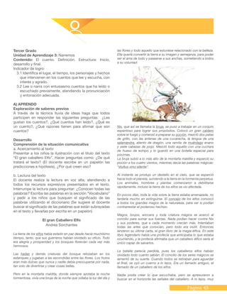 Página 45
Tercer Grado
Unidad de Aprendizaje 3: Narremos
Contenido: El cuento. Definición. Estructura: Inicio,
desarrollo y final.
Indicador de logro:
3.1 Identifica el lugar, el tiempo, los personajes y hechos
que intervienen en los cuentos que lee y escucha, con
interés y agrado.
3.2 Lee o narra con entusiasmo cuentos que ha leído o
escuchado previamente, atendiendo la pronunciación
y entonación adecuada.
A) APRENDO
Exploración de saberes previos
A través de la técnica lluvia de ideas haga que todos
participen en responder las siguientes preguntas: ¿Les
gustan los cuentos?, ¿Qué cuentos han leído?, ¿Qué es
un cuento?, ¿Qué razones tienen para afirmar que son
cuentos?
Desarrollo
Comprensión de la situación comunicativa
a. Acercamiento al texto
Presentar a los niños la ilustración con el título del texto
“El gran caballero Elfo”. Hacer preguntas como: ¿De qué
tratará el texto? (El docente escribe en un papelón las
predicciones e hipótesis), ¿Por qué creen eso?
b. Lectura del texto
El docente realiza la lectura en voz alta, atendiendo a
todos los recursos expresivos presentados en el texto.
Interrumpe la lectura para preguntar: ¿Conocen todas las
palabras? Escriba las palabras en la sección “Vocabulario”
y pedir a los niños que busquen el significado de las
palabras utilizando el diccionario (Se sugiere al docente
buscar el significado de las palabras que están subrayadas
en el texto y llevarlas por escrita en un papelón)
El gran Caballero Elfo
Andrea Sorchantes
La tierra de los elfos había estado en paz desde hacía muchísimo
tiempo, tanto, que sus guerreros habían olvidado su oficio. Todo
era alegría y prosperidad y los bosques florecían cada vez más
hermosos.
Las hadas y demás criaturas del bosque retozaban en los
estanques y jugaban a las escondidas entre las flores. Los frutos
eran más dulces que nunca y nadie debía preocuparse por nada,
tan solo de divertirse y crear cosas bellas.
Pero en la montaña maldita, donde siempre azotaba la noche
tormentosa, vivía una bruja de la noche que odiaba la luz del día y
las flores y todo aquello que estuviese relacionado con la belleza.
Ella quería convertir la tierra a su imagen y semejanza, para poder
ser el ama de todo y pasearse a sus anchas, sometiendo a todos
a su voluntad.
Nix, que así se llamaba la bruja, se puso a trabajar en un conjuro
espantoso para lograr sus propósitos. Colocó un gran caldero
sobre el fuego y comenzó a preparar su poción, mezcló dos patas
de grillo, con las antenas de una cucaracha, la lengua de una
salamandra, aliento de dragón, una ramita de muérdago enano
y siete cabezas de piojo. Mezcló todo aquello con una cuchara
de hueso de eohipo y lo guardó en una botella especial para
pócimas.
La bruja subió a lo más alto de la montaña maldita y esparció su
poción a los cuatro vientos, mientras decía las palabras mágicas:
“stultus vinci silente”.
Al instante se produjo un destello en el cielo, que se esparció
hacia todo el planeta, sumiendo a la tierra en la tormenta perpetua.
Los animales, hombres y plantas comenzaron a debilitarse
rápidamente, incluso la tierra de los elfos se vio afectada.
En pocos días, toda la vida sobre la tierra estaba amenazada, no
tardaría mucho en extinguirse. El concejo de los elfos convocó
a todos los grandes magos de la naturaleza, para ver si podían
contrarrestar el poderoso hechizo.
Magos, brujos, wiccans y toda criatura mágica se acercó al
concilio para sumar sus fuerzas. Nada podían hacer contra Nix
y sus poderes, que a cada momento crecían más. Intentaban
todas las artes que conocían, pero todo era inútil. Entonces
lanzaron su última carta, el gran libro de la magia élfica. En este
libro legendario había una profecía que anticipaba lo que estaba
ocurriendo, y la profecía afirmaba que un caballero élfico sería el
único capaz de salvarlos.
La batalla parecía perdida, pues los caballeros elfos habían
olvidado todo cuanto sabían. El concilio de los seres mágicos se
lamentó de su suerte. Cuando todos se retiraban para aguardar
el final, se oyó un cuerno a lo lejos. Era un llamado antiguo, el
llamado de un caballero de los elfos.
Nadie podía creer lo que escuchaba, pero se apresuraron a
buscar en el horizonte las señales del caballero. A lo lejos, muy
 