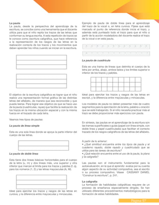 Página 57
La pauta
La pauta, desde la perspectiva del aprendizaje de la
escritura, se concibe como una herramienta que el docente
utiliza para que el niño repita los trazos de las letras que
conforman su lengua escrita. A esta repetición de trazos se
le conoce como escritura caligráfica, que hace referencia
a la representación de los rasgos de las letras en la
realización correcta de los trazos y los movimientos que
deben aprender los niños cuando se inician en la escritura.
El objetivo de la escritura caligráfica es lograr que el niño
realice una representación formal gráfica de las distintas
letras del alfabeto, de manera que sea reconocible y que
pueda leerse. Para lograr ese objetivo es que se hace uso
de la pauta (cuadrículas, rayas) que facilite la realización de
los trazos en la misma ubicación espacial y con la misma
fuerza en el trazado de cada letra.
Veamos tres tipos de pautas:
La pauta de línea simple
Esta es una sola línea donde se apoya la parte inferior del
cuerpo de las letras.
La pauta de doble línea
Esta tiene dos líneas básicas horizontales para el cuerpo
de la letra (u, m) y dos líneas más, una superior y otra
inferior que marcan el límite para los trazos y palotes (f, q),
para los números (1, 2) y las letras mayúsculas (A, M).
Ideal para ejercitar los trazos y rasgos de las letras en
cursiva, y la diferencia entre mayúsculas y minúsculas.
Ejemplo de pauta de doble línea para el aprendizaje
del trazo de la vocal o, en letra cursiva. Fíjese que está
marcado el punto de referencia donde inicia el trazo, y
además está punteado todo el trazo para que el niño a
partir de la acción modeladora del docente realice el trazo
de la vocal o en esta pauta.
La pauta de cuadrícula
Esta es una trama de líneas que delimita el cuerpo de la
letra por arriba, abajo, ambos lados y los límites superior e
inferior de los trazos y palotes.
Ideal para ejercitar los trazos y rasgos de las letras en
escript, y la diferencia entre mayúsculas y minúsculas.
Los modelos de pauta no deben presentar más de cuatro
segmentos para la ejercitación de la letra, palabra u oración
que se esté trabajando. Si el niño necesita practicar más el
trazo se debe proporcionar más ejercicios con pauta.
En síntesis, las pautas en el aprendizaje de la escritura son
las tramas superficiales o guías (papel con línea simple, con
doble línea y papel cuadriculado) que facilitan el correcto
trazado de los rasgos caligráficos de las letras del alfabeto.
A partir de lo anterior:
• ¿Qué similitud encuentra entre los tipos de pauta y el
cuaderno rayado, doble rayado y cuadriculado que se
utiliza para las tareas de escritura?
• ¿Qué relación encuentra entre el uso de la pauta, la plana
y la caligrafía?
Las pautas son el instrumento fundamental para la
autoevaluación, en la que el aprendiz evalúa por su cuenta
algún aspecto de su actividad compositiva, sea el escrito
o su proceso compositivo. Véase CASSANY DANIEL
“Construir la escritura”, p. 241.
La caligrafía
La formación de habilidades caligráficas requiere de un
proceso de enseñanza especialmente dirigido. Se han
utilizado diferentes procedimientos metodológicos para la
formación de estas habilidades.
 