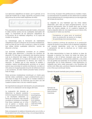 Página 58
Los ejercicios caligráficos se basan, por lo general, en la
copia del modelo de un rasgo, siguiendo una pauta o línea
discontinua de puntos hasta separarse de ellos.
Pero, para que el niño realice la copia del modelo, el docente
le debe orientar acerca de las cualidades esenciales del
rasgo. Lo importante de los ejercicios caligráficos es
la formación de la habilidad caligráfica, no la copia del
modelo en la pauta.
La metodología para la formación de habilidades
caligráficas incluye la utilización de acciones modeladoras,
pues se trata de que el niño construya y utilice el modelo
que refleja dichas cualidades (dirección, cambio de
dirección y forma).
Las acciones modeladoras consisten en un análisis
del rasgo para determinar y concretar los cambios de
dirección. El niño bajo la orientación del docente precisa
cuál es la dirección del rasgo y dónde este cambia de
dirección, señalando en la copia del modelo en la pauta
este cambio y verbalizando el término que indica la
dirección. A medida que el niño efectúa el análisis y
verbaliza, realiza simultáneamente acciones en el plano
externo que concretan el cambio de dirección, es decir, el
niño ubica en el papel pautado el punto de referencia inicial
y los sucesivos, de esta manera procede hasta construir
todo el rasgo.
Estas acciones modeladoras constituyen un medio para
asimilar estas cualidades y lograr posteriormente que el
niño trace el rasgo sin el apoyo de un modelo material ni
puntos de referencia. Es entonces que se hace uso del
cuaderno doble línea o de otro material rayado.
Es importante la evaluación del docente y la autovaloración
del niño en la realización de los rasgos del trazo.
La evaluación del docente es
determinar la relación existente
entre los requerimientos de la tarea
y los resultados obtenidos. La
forma de evaluación más sencilla
consiste en comparar el resultado
final (trazo realizado por el niño)
con el patrón o modelo dado
por el docente para perfeccionar
dicho resultado.
Esta comparación la realiza el docente junto con el niño, a
fin de determinar entre ambos si hay o no correspondencia.
Si no la hay, el propio niño perfecciona su modelo o trazo.
La autovaloración le posibilita al niño determinar la calidad
de sus realizaciones en correspondencia con las exigencias
de la tarea de escritura.
La caligrafía es una habilidad que los niños deben
desarrollar, pero ésta se logra progresivamente, con el
ejercicio permanente. Esto no quiere decir que se deba
hacer de manera aislada, en un cuaderno especial, la
buena caligrafía debe ser una exigencia que el mismo niño
se propone en todos sus escritos.
Cometemos un grave error al incentivar
poco la producción de textos en la etapa
de aprendizaje de la lectoescritura.
Será la práctica continua de escritura en la producción
original de textos lo que dará al niño la destreza caligráfica
que necesita desarrollar, junto con la comprensión
y apropiación de que la escritura es un medio para
comunicarse.
Se debe descentralizar la tarea de dedicar la clase de
lenguaje a practicar los trazos de todas las letras del
alfabeto, y dar el tiempo necesario para que los niños
practiquen libremente, produciendo palabras y oraciones
con las grafías que aprenden en el proceso; así los niños
practicarán, de un modo diferente y más significativo, la
caligrafía que tanto suele preocupar a los docentes del
primer ciclo. Más vale, y produce mejores resultados, pedir
a los niños que construyan textos.
Ejemplo de pauta ilustrada para producir palabras.
Ejemplo de
pauta ilustrada
para producir
oraciones.Lo importante
de los ejercicios
caligráficos es
la formación
de la habilidad
caligráfica, no la
copia del modelo
en la pauta.
 