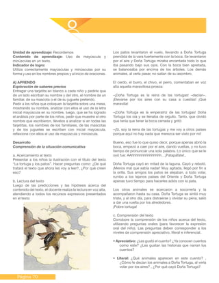 Página 70
Unidad de aprendizaje: Recordemos
Contenido de aprendizaje: Uso de mayúscula y
minúsculas en un texto.
Indicador de logro:
Utiliza correctamente mayúsculas y minúsculas por su
forma y uso en los nombres propios y al inicio de oraciones.
A) APRENDO
Exploración de saberes previos
Entregar una tarjetita en blanco a cada niño y pedirle que
de un lado escriban su nombre y del otro, el nombre de un
familiar, de su mascota o el de su juguete preferido.
Pedir a los niños que coloquen la tarjetita sobre una mesa,
mostrando su nombre, analizar con ellos el uso de la letra
inicial mayúscula en su nombre, luego, que se ha logrado
el análisis por parte de los niños, pedir que muestre el otro
nombre que escribieron, llévelos a analizar si en todas las
tarjetitas, los nombres de los familiares, de las mascotas
y de los juguetes se escriben con inicial mayúscula,
reflexione con ellos el uso de mayúscula y minúscula.
Desarrollo
Comprensión de la situación comunicativa
a. Acercamiento al texto
Presentar a los niños la ilustración con el título del texto
“La tortuga y los patos”. Hacer preguntas como: ¿De qué
tratará el texto que ahora les voy a leer?, ¿Por qué creen
eso?
b. Lectura del texto
Luego de las predicciones y las hipótesis acerca del
contenido del texto, el docente realiza la lectura en voz alta,
atendiendo a todos los recursos expresivos presentados
en el texto
“La tortuga y los patos”
Los patos levantaron el vuelo, llevando a Doña Tortuga
prendida de la vara fuertemente con la boca. Se levantaron
por el aire y Doña Tortuga miraba encantada todo lo que
iba pasando bajo sus ojos. Con la boca bien apretada,
se balanceaba por encima de los árboles. Los demás
animales, al verla pasar, no salían de su asombro.
El cerdo, el burro, el chivo, el perro, comentaban en voz
alta aquella maravillosa proeza:
–¡Doña Tortuga es la reina de las tortugas! –decían–.
¡Elevarse por los aires con su casa a cuestas! ¡Qué
maravilla!
–¡Doña Tortuga es la emperatriz de las tortugas! Doña
Tortuga los oía y se llenaba de orgullo. Tanto, que olvidó
que tenía que tener la boca cerrada y gritó:
–¡Sí, soy la reina de las tortugas y me voy a otros países
porque aquí no hay nada que merezca ser visto por mí!
Bueno, eso fue lo que quiso decir, porque apenas abrió la
boca, empezó a caer por el aire, dando vueltas, y no tuvo
tiempo de pronunciar una sola palabra. Lo único que se le
oyó fue: AAhhhhhhhhhhhhhhh…¡Patapáfate!..
Doña Tortuga cayó en mitad de la laguna. Cayó y rebotó.
¡Menos mal que sabía nadar! Muy agitada, llegó por fin a
la orilla. Sus amigos los patos se alejaban, a todo volar,
rumbo a los lejanos países del Oriente y Doña Tortuga
apenas tuvo tiempo para hacerles adiós con la pata.
Los otros animales se acercaron a socorrerla y la
acompañaron hasta su casa. Doña Tortuga se sintió muy
triste, y al otro día, para distraerse y olvidar su pena, salió
a dar una vuelta por los alrededores.
¡Pobre tortuga!
c. Comprensión del texto
Corrobore la comprensión de los niños acerca del texto,
utilizando preguntas orales (para favorecer la expresión
oral del niño). Las preguntas deben corresponder a los
niveles de comprensión apreciativo, literal e inferencial.
• Apreciativo: ¿Les gustó el cuento? ¿Ya conocen cuentos
como este? ¿Les gustan las historias que narran los
cuentos?
• Literal: ¿Qué animales aparecen en este cuento? ,
¿Cómo le decían los animales a Doña Tortuga, al verla
volar por los aires? , ¿Por qué cayó Doña Tortuga?
 