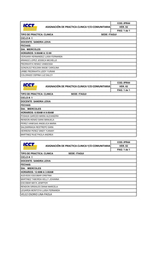 COD.:IPR44
                     ASIGNACIÓN DE PRACTICA CLINICA Y/O COMUNITARIA         VER. 02
                                                                           PAG: 1 de 1
TIPO DE PRACTICA: CLINICA                                   SEDE: ITAGUI
CICLO #: 1
DOCENTE: SANDRA LEIVA
FECHAS:
DIA: MIERCOLES
HORARIOS: 9:00AM A 12:00
VERGARA HERNANDEZ LUISA FERNANDA
ARANGO LOPEZ JESSICA MICHELLE
PIEDRAHITA HENAO VANEESSA
GONZALEZ ROLDAN ANGIE CAROLINA
URIBE PIEDRAHITA LEIDY YURANI
COLORADO OSPINA LUZ DALCY


                                                                           COD.:IPR44
                     ASIGNACIÓN DE PRACTICA CLINICA Y/O COMUNITARIA         VER. 02
                                                                           PAG: 1 de 1
TIPO DE PRACTICA: CLINICA              SEDE: ITAGUI
CICLO #: 1
DOCENTE: SANDRA LEIVA
FECHAS:
DIA: MIERCOLES
HORARIOS: 6:00AM A 9:00AM
POSADA GARCES MARIA ALEXANDRA
RENDON HENAO SARA MANUELA
PEREZ VANEGAS ANGELICA MARIA
SALDARRIAGA RESTREPO SARA
HERRERA PEREZ SINDY YURANY
MARTINEZ RUIZ PAOLA ANDREA


                                                                           COD.:IPR44
                     ASIGNACIÓN DE PRACTICA CLINICA Y/O COMUNITARIA         VER. 02
                                                                           PAG: 1 de 1
TIPO DE PRACTICA: CLINICA            SEDE: ITAGUI
CICLO #: 1
DOCENTE: SANDRA LEIVA
FECHAS:
DIA: MIERCOLES
HORARIOS: 12:00M A 3:00AM
ACEVEDO ESCOBAR CRISTINA
MARTINEZ TABORDA KELLY JOHANNA
ESCOBAR MAYA JENIFFER
RENDON GRISALES DIANA MARCELA
LEGARDA MONTOYA LUISA FERNANDA
VELEZ OSORIO LINA PAOLA
 