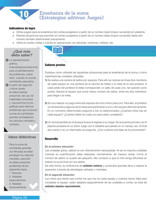 Página 24
Indicadores de logro
•	 Utiliza juegos para la enseñanza del conteo progresivo a partir de un número dado (mayor sumando) en adelante.
•	 Plantea situaciones que permiten el conteo progresivo a partir de un número dado (mayor sumando) hasta otro
número también determinado previamente.
•	 Utiliza el conteo verbal o mental en operaciones con decenas, centenas, millares, etc.
¿Qué más
debo saber?
Saberes previos
Explique como utilizaría las siguientes situaciones para la enseñanza de la suma y cómo
clasificaría las unidades utilizadas.
1) Se realiza una carrera de saltos por equipos. Para ello se colocan en línea dos miembros
de cada equipo en una portería de la cancha de fútbol y la meta es la otra portería. A
cada pitido del profesor le debe corresponder un salto de cada uno, tan grande como
pueda. Ganará el equipo que sume menor número de saltos, entre los dos miembros,
para llegar a la meta.
2) Se va a realizar un juego entre dos equipos de ocho niños cada uno. Para ello, el profesor
va nombrando a algunos de la clase para pertenecer a uno u otro equipo alternativamente.
En un momento determinado pregunta a los no seleccionados ¿Cuántos niños hay en
cada equipo? ¿Cuántos faltan en cada uno para estar completos?
3) Un animal perdido en el bosque busca el regreso a su hogar. Se encuentra primero con 8
pájaros posados en un árbol, luego con 5 caballos que pastan en un campo, etc. Al final
del cuento o en un intermedio se pregunta. ¿Con cuántos animales se ha encontrado?
Ideas didácticas
Enseñanza de la suma
(Estrategias aditivas: Juegos)
La representación
gráfica,
metodológicamente sirve
para el planteamiento
de problemas, sobre
todo, cuando se suman
cantidades pequeñas.
A partir del segundo
y tercer grado
se debe intentar
prescindir, del uso de
materiales concretos
y representaciones
gráficas para resolver
problemas que involucre
sumas de cantidades
grandes privilegiando
los cálculos mentales y
verbales.
Para la suma de
cantidades grandes
con llevadas se debe
privilegiar los cálculos
mentales, para ello
se deben proponer
problemas de los
siguientes tipos:
1. Motoras
2. Alejadas
espacialmente
3. Alejadas
temporalmente
10
Desarrollo
En la primera situación:
Las unidades (pitos, saltos) no son directamente manipuladas. Al ser la mayoría unidades
motoras su cuantificación debe realizarse, normalmente, de manera verbal. Como el
número de saltos no puede ser pequeño, ello conduce a que el niño tenga dificultad en
realizar la suma final con los dedos.
De esta forma, la confluencia de unidades motoras y sumandos grandes lleva a realizar la
operación a través de estrategias verbales o mentales.
En la segunda situación:
Los niños que tienen que contar los que hay en cada equipo y cuántos hacen falta para
completar el equipo, están alejados espacialmente de las unidades a contar, se trata de
unidades alejadas especialmente.
 