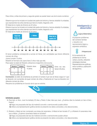 Página 31
Lógica Matemática
Intrapersonal:
Actividades grupales:
1. Para leer un libro, Juan ha tardado 23 días y Pedro 4 días más que Juan. ¿Cuántos días ha tardado en leer el libro
Pedro?
a) Haga una propuesta del tipo de material concreto o semiconcreto puede utilizar
b) Utilice una representación gráfica donde se presente los datos conocidos y los desconocidos.
2. Roberto y María se han comprado una bolsa de caramelos. A María le han tocado 27 y a Roberto 9 caramelos más
que a María. ¿Cuántos caramelos había en la bolsa?
a) Haga una propuesta del tipo de material concreto o semiconcreto puede utilizar
b) Utilice una representación gráfica donde se presente los datos conocidos y los desconocidos.
Para niños y niñas de primero y segundo grado se puede hacer uso de la recta numérica:
Observe que se ha iniciado en la edad del padre de Antonio y hemos añadido 9 unidades,
que representan los años demás que tiene la madre, llegando a 52.
R/ Edad de la madre de Antonio es 52 años.
Observe que se ha iniciado en la edad del padre de Antonio y hemos añadido 9 unidades,
que representan los años demás que tiene la madre, llegando a 52.
R/ Edad de la madre de Antonio es 52 años.
El tercer problema corresponde a sumas sin llevar, con cantidades que tienen diferente
número de cifras.
Juana cumple 13 años.
Roberto el hermano de Juana tiene 2 años más que ella.
Para saber la edad de Roberto utilizamos el algoritmo de la suma.
Inteligencia a
desarrollar
Al proponer problemas
del contexto familiar
y resuelvo con
razonamiento lógico y
expresión simbólica.
En la resolución de
problemas en forma
verbal y escrita, utilizando
estrategias diversas:
Representaciones gráficas,
recta numérica y aplicación
del algoritmo.
Roberto tiene
15 años.
Entre los dos
tienen 28 años.
Conclusión: el orden de enseñanza es primero el número 3 por ser sin llevar, luego el 1 que
es llevando con sumandos de igual número de cifras y finalmente el 2 que es llevando con
diferente número de cifras.
Resuelva los problemas en función de lo que se solicita.
42 43 44 45 46 47 48 49 50 51 52 53
Edad del
Padre: 43
+ 9años Edad de la
madre: 52
 