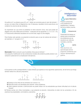 Página 33
Lógica Matemática
Interpersonal:
1. Encuentre la cifra correspondiente a cada símbolo que aparece en las siguientes operaciones, de tal forma que tenga
sentido realizar los cálculos propuestos.
* 5 ° + * 4 ° +
# ° 5= # ° 4 =
? ? 7 7 ? ? 7 7
a) Explique si las cifras de los símbolos son únicas o no.
b) Describa existe una estrategia para resolver estos problemas.
c) ¿Qué material concreto o semiconcreto se puede utilizar con los estudiantes que tienen dificultad con el cálculo
mental?
2. Plantee sumas con cifras incompletas y que presente la solución, intercambie el orden de los sumandos a fin de
practicar las propiedades: conmutativa y asociativa.
¿? ¿? ¿? +
¿? ¿? ¿? =
¿? ¿? ¿? ¿?
2 3 4+
* 7
4 2=
3 ? 3
Al sustituir el 2, se observa que el 0 y el 1, deben ser excluidos para el valor del símbolo *,
ya que, con esas cifras no llegaríamos a las 10 decenas, resultado mínimo para llevar una
unidad en la columna de las centenas.
Es importante ver, que ahora el problema no tiene solución única, sino que puede ser
elegida como cifra válida para el símbolo * cualquiera de las siguientes: 2, 3, 4, 5, 6, 7, 8 y
9. Produciendo diferentes resultados en la suma total, según la cifra elegida.
Para finalizar este ejemplo, se presenta la solución para un par de valores del símbolo *,
por ejemplo, si * es igual a 4 ó 7.
2 3 4+ 2 3 4+
4 7 7 7
4 2= 4 2
3 2 3 3 5 3
Observación: Falta la solución para 6 posibles cifras para el símbolo *
Una pequeña modificación en las condiciones iniciales del problema puede producir una
variación sustancial en la complicación del ejercicio.
Inteligencia a
desarrollar
Propone variaciones
a los problemas de
pasatiempos y resuelve
de forma verbal y escrita.
Capacidad de trabajo en
equipo para comprender
los problemas que se
resuelven por cálculos
mentales y escritos.
Para alumnos con
aprendizajes lentos
proponer problemas que
utilicen representación
gráfica.
1
1 1 1 1
NOTA:
 