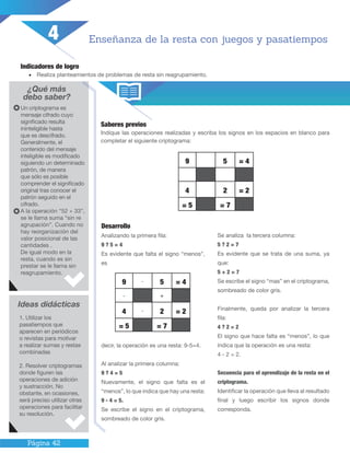 Página 42
Desarrollo
Analizando la primera fila:
9 ? 5 = 4
Es evidente que falta el signo “menos”,
es
decir, la operación es una resta: 9-5=4.
Al analizar la primera columna:
9 ? 4 = 5
Nuevamente, el signo que falta es el
“menos”, lo que indica que hay una resta:
9 - 4 = 5.
Se escribe el signo en el criptograma,
sombreado de color gris.
Se analiza la tercera columna:
5 ? 2 = 7
Es evidente que se trata de una suma, ya
que:
5 + 2 = 7
Se escribe el signo “mas” en el criptograma,
sombreado de color gris.
Finalmente, queda por analizar la tercera
fila:
4 ? 2 = 2
El signo que hace falta es “menos”, lo que
indica que la operación es una resta:
4 - 2 = 2.
Secuencia para el aprendizaje de la resta en el
criptograma.
Identificar la operación que lleva al resultado
final y luego escribir los signos donde
corresponda.
Indicadores de logro
•	 Realiza planteamientos de problemas de resta sin reagrupamiento.
¿Qué más
debo saber?
Saberes previos
Indique las operaciones realizadas y escriba los signos en los espacios en blanco para
completar el siguiente criptograma:
Ideas didácticas
Enseñanza de la resta con juegos y pasatiempos
Un criptograma es
mensaje cifrado cuyo
significado resulta
ininteligible hasta
que es descifrado.
Generalmente, el
contenido del mensaje
inteligible es modificado
siguiendo un determinado
patrón, de manera
que sólo es posible
comprender el significado
original tras conocer el
patrón seguido en el
cifrado.
A la operación “52 + 33”,
se le llama suma “sin re
agrupación”. Cuando no
hay reorganización del
valor posicional de las
cantidades .
De igual modo en la
resta, cuando es sin
prestar se le llama sin
reagrupamiento.
1. Utilizar los
pasatiempos que
aparecen en periódicos
o revistas para motivar
a realizar sumas y restas
combinadas
2. Resolver criptogramas
donde figuren las
operaciones de adición
y sustracción. No
obstante, en ocasiones,
será preciso utilizar otras
operaciones para facilitar
su resolución.
4
9 5 = 4
4 2 = 2
= 5 = 7
9 - 5 = 4
- +
4 - 2 = 2
= 5 = 7
 