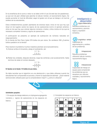 Página 43
Actividades grupales:
1. En equipo de trabajo elaborar un criptograma agregando
números y signos de operaciones en los espacios en
blanco.
2. Complete los espacios en blanco
En la enseñanza de la suma o resta no se debe omitir el uso de este tipo de pasatiempo,
ya que son de gran utilidad para ejercitar el cálculo mental y el razonamiento lógico. Se
puede aumentar el nivel de dificultad, según el grado con el que se trabaja o el nivel de
análisis de los estudiantes.
Estos entretenimientos pueden plantearse de diversos tipos: Unos en los que hay que
situar en los lugares vacíos los signos de las operaciones (como el ejemplo anterior),
otros en los que hay que colocar algunos números o todos y otros mixtos en los que es
necesario completar números y signos de operaciones.
A continuación se presenta un ejemplo de sustracción de números naturales sin
reagrupamiento:
En la tienda de Don Paco había 378 bollos de pan dulce. Se vendieron 260 ¿Cuántos
bollos quedaron en la tienda?
Para resolver el problema muchos maestros plantean así el procedimiento:
1. Colocar arriba el minuendo y abajo el sustraendo, así:
3 7 8 -
2 6 0 =
2. Restar las unidades, después decenas, luego las centenas y asi sucesivamente, hasta
terminar de restar el número deseado.
3 7 8 -
2 6 0 =
1 1 8
R/ Quedan en la tienda 118 bollos de pan dulce.
Se debe recordar que el algoritmo es una abstracción y que debe utilizarse cuando los
estudiantes han comprendido el proceso y tienen la capacidad de abstraer. ¿Qué material
semiconcreto utilizaría para que lo comprendieran mejor? y ¿cómo lo utilizaría?
Inteligencia a
desarrollar
Resuelve problemas con
razonamiento y dominio
lógico y expresión
simbólica.
Capacidad de
argumentación y análisis
de los problemas.
Resuelve problemas
utilizando cálculo mental y
razonamiento lógico
Capacidad de trabajo en
equipo para comprender
los problemas que se
resuelven por cálculos
mentales y razonamiento
lógico.
Lógica Matemática
Intrapersonal:
Lingüística- verbal:
Interpersonal:
5 8 7 =7
-
3 4 6 =1
5 6 9 =2
=7 =6 =4
 