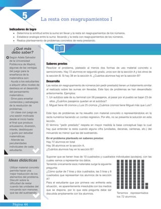 Página 44
Indicadores de logro
•	 Determina la similitud entre la suma sin llevar y la resta sin reagrupamientos de los números.
•	 Establece analogía entre la suma llevando y la resta con reagrupamientos de los números.
•	 Realiza planteamiento de problemas concretos de resta prestando.
¿Qué más
debo saber?
Saberes previos
Resolver el problema, plateado al menos dos formas de uso material concreto o
semiconcreto. Hay 72 alumnos en segundo grado, unos son de la sección A y los otros de
la sección B. Si hay 38 en la sección A. ¿Cuántos alumnos hay en la sección B?
Desarrollo
Las restas sin reagrupamiento de números (sin pedir prestado) tienen un tratamiento similar
al realizado sobre las sumas sin llevadas. Este tipo de problemas se han desarrollado
anteriormente. Ejemplos:
1. Un autobús sale de su terminal con 56 pasajeros, al pasar por el pueblo se bajan 23 de
ellos ¿Cuántos pasajeros quedan en el autobús?
2. Miguel tiene 48 cromos y Luis 25 cromos ¿Cuántos cromos tiene Miguel más que Luis?
Este tipo de problemas se ha resuelto con material concreto o representándolos en la
recta numérica haciendo un conteo regresivo. Por ello, no se presenta la solución en esta
lección.
El término “pedir prestado” respeta en mayor medida la base conceptual bajo la cual
hay que entender la resta cuando alguna cifra (unidades, decenas, centenas, etc.) del
minuendo es menor que las del sustraendo.
Ideas didácticas
La resta con reagrupamientos I
Según Adela Salvador
de la Universidad
Politécnica de Madrid,
algunas de las ventajas
del juego para la
enseñanza de la
matemática son:
· Ayuda a los estudiantes
a adquirir altos niveles de
destreza en el desarrollo
del pensamiento
matemático.
· Sirve para enseñar
contenidos y estrategias
de la resolución de
problemas.
· Un clase con juego es
una sesión motivada
desde el inicio hasta
el final que produce
entusiasmo, diversión,
interés, desbloqueo
y gusto por estudiar
matemáticas.
· Atiende las
peculiaridades
individuales de cada
estudiante.
Utilizar material concreto
permite hacer una
mejor traducción de los
elementos del problema.
Discutir sobre la
dificultad de restar
cuando las unidades del
minuendo son menores
que las del sustraendo.
5
En el problema planteado en saberes previos:
Hay 72 alumnos en total
Hay 38 alumnos en la sección A.
¿Cuántos alumnos hay en la sección B?
Suponer que se tienen tiras de 10 cuadrados y cuadrados individuales (azulejos), con las
cuales vamos a representar los datos.
Teniendo únicamente esos materiales surge la siguiente
pregunta:
¿Cómo quitar de 7 tiras y dos cuadrados, las 3 tiras y 8
cuadrados que representan los alumnos de la sección
A?
Para el estudiante que por primera vez enfrenta esta
situación, es aparentemente irresoluble con los medios
que se dispone, por lo que esta pregunta debe ser
discutida ampliamente con los alumnos. Tenemos representados
los 72 alumnos.
 