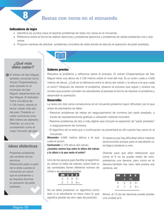 Página 50
Indicadores de logro
•	 Identifica los puntos clave al resolver problemas de resta con ceros en el minuendo.
•	 Reflexiona sobre la forma de realizar ejercicios y problemas ejercicios y problemas de restas prestando una y dos
veces.
•	 Propone maneras de plantear problemas concretos de resta donde se discuta la operación de pedir prestado.
¿Qué más
debo saber?
Saberes previos
Resuelva el problema y reflexione sobre el proceso. El volcán Chaparrastique de San
Miguel tiene una altura de 2,129 metros sobre el nivel del mar. Si un avión vuela a 4,500
metros de altura. ¿Cuál es la diferencia entre la altura del volcán y la altura a la que vuela
el avión? Después de resolver el problema, observe el proceso que siguió y analice los
errores que podrían cometer los estudiantes al plantear la forma de resolver el problema y
desarrollar la operación.
Desarrollo:
La resta con dos ceros consecutivos en el minuendo presenta mayor dificultad, por lo que
antes de plantearlos se debe:
- Resolver problemas de restas sin reagrupamiento de números (sin pedir prestado, a
través de representaciones gráficas o utilizando material concreto).
- Resolver problemas de dos o más dígitos que incluyen la operación de “pedir prestado”
o reagrupamiento de números.
- El algoritmo de la resta que a continuación se presentará es útil cuando hay ceros en el
minuendo.
Restas con ceros en el minuendo
Minuendo: 4,500 metros (altura a la que
vuela el avión).
Sustraendo: 2,129 altura del volcán.
¿Cuántos metros hay entre la altura del volcán
y la altura a la que vuela el avión?
Uno de los apoyos para facilitar el algoritmo
es utilizar la tabla de valores, sobre todo si
las cantidades tienen diferente número de
cifras o es necesario prestar.
UM C D U
4 5 0 0 -
2 1 2 9 =
No se debe presentar un algoritmo como
éste si el estudiante no tiene claro lo que
significa prestar de otro valor de posición.
Si observa que hay dificultad utilice material
semiconcreto porque para el estudiante no
es lógico prestarle a cero.
Orientar para que ellos reflexionen que
como el 9 no se puede restar de cero,
prestamos una decena, pero como en la
decena también hay cero, ésta presta una
centena, así:
UM C D U
4 10
4 5 0 0 -
2 1 2 9 =
Ahora, el 10 de las decenas puede prestar
una unidad al 0.
El Volcán de San Miguel,
también conocido como
Volcán Chaparrastique,
está ubicado en el
municipio de San
Miguel, departamento de
San Miguel, El Salvador.
Tiene una altura de
2,129 msnm, siendo el
tercer volcán más alto
del país. Presenta un
cráter central de unos
800 metros de diámetro.
Además, su cono es
considerado como el
mejor formado del país.
Ideas didácticas
Presentar problemas
del contexto de los
alumnos.
Resolución paso a paso
de la resta cuando el
minuendo es menor
que el sustraendo y
se requiere dominar
la operación de pedir
prestado.
8
 