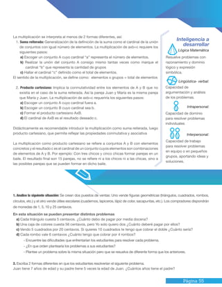 Página 55
En esta situación se pueden presentar distintos problemas
a) Cada triángulo cuesta 5 centavos. ¿Cuánto debo de pagar por media docena?
b) Una caja de colores cuesta 56 centavos, pero Yo solo quiero dos ¿Cuánto deberé pagar por ellos?
c) Vendo 5 cuadrados por 20 centavos. Si quieres 10 cuadrados te tengo que cobrar el doble ¿Cuánto sería?
d) Cada rombo vale 6 centavos ¿Cuánto tengo que cobrar por 4 rombos?
- Encuentre las dificultades que enfrentarían los estudiantes para resolver cada problema.
- ¿En que orden plantearía los problemas a sus estudiantes?
- Plantee un problema sobre la misma situación pero que se resuelva de diferente forma que los anteriores.
2. Escriba 2 formas diferentes en que los estudiantes resolverían el siguiente problema.
Juan tiene 7 años de edad y su padre tiene 5 veces la edad de Juan. ¿Cuántos años tiene el padre?
1. Analice la siguiente situación: Se crean dos puestos de ventas: Uno vende figuras geométricas (triángulos, cuadrados, rombos,
círculos, etc.) y el otro vende útiles escolares (cuadernos, lapiceros, lápiz de color, sacapuntas, etc.). Los compradores dispondrán
de monedas de 1, 5, 10 y 25 centavos.
La multiplicación se interpreta al menos de 2 formas diferentes, así:
1. Suma reiterada: Generalización de la definición de la suma como el cardinal de la unión
de conjuntos con igual número de elementos. La multiplicación de axb=c requiere los
siguientes pasos:
a) Escoger un conjunto A cuyo cardinal “a” representa el número de elementos.
b) Realizar la unión del conjunto A consigo mismo tantas veces como marque el
cardinal “b” que representa la cantidad de grupos
c) Hallar el cardinal “c” definido como el total de elementos.
El sentido de la multiplicación, se define como: elementos x grupos = total de elementos
2. Producto cartesiano: Implica la conmutatividad entre los elementos de A y B que no
existía en el caso de la suma reiterada. Así la pareja Juan y María es la misma pareja
que María y Juan. La multiplicación de axb=c requeriría los siguientes pasos:
a) Escoger un conjunto A cuyo cardinal fuera a.
b) Escoger un conjunto B cuyo cardinal sea b.
c) Formar el producto cartesiano AxB.
d) El cardinal de AxB es el resultado deseado c.
Didácticamente es recomendable introducir la multiplicación como suma reiterada, luego
producto cartesiano, que permite reflejar las propiedades conmutativa y asociativa
La multiplicación como producto cartesiano se refiere a conjuntos A y B con elementos
concretos y el resultado c es el cardinal de un conjunto cuyos elementos son combinaciones
de elementos de A y B. Por ejemplo: Con tres chicos y cinco chicas formar parejas en un
baile. El resultado final son 15 parejas, no se refiere ni a los chicos ni a las chicas, sino a
las posibles parejas que se pueden formar en dicho baile.
Inteligencia a
desarrollar
Resuelve problemas con
razonamiento y dominio
lógico y expresión
simbólica.
Capacidad de dominio
para resolver problemas
individuales
Capacidad de trabajo
para resolver problemas
en equipo o en pequeños
grupos, aportando ideas y
soluciones.
Capacidad de
argumentación y análisis
de los problemas.
Lógica Matemática
Intrapersonal:
Lingüística- verbal:
Interpersonal:
 