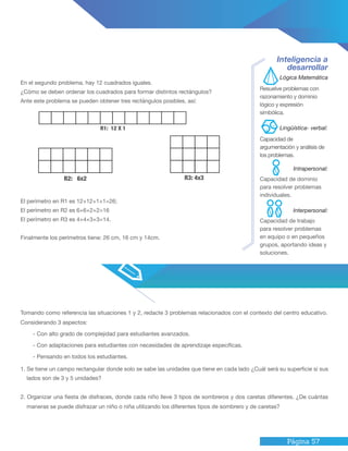 Página 57
Tomando como referencia las situaciones 1 y 2, redacte 3 problemas relacionados con el contexto del centro educativo.
Considerando 3 aspectos:
- Con alto grado de complejidad para estudiantes avanzados.
- Con adaptaciones para estudiantes con necesidades de aprendizaje específicas.
- Pensando en todos los estudiantes.
1. Se tiene un campo rectangular donde solo se sabe las unidades que tiene en cada lado ¿Cuál será su superficie si sus
lados son de 3 y 5 unidades?
2. Organizar una fiesta de disfraces, donde cada niño lleve 3 tipos de sombreros y dos caretas diferentes. ¿De cuántas
maneras se puede disfrazar un niño o niña utilizando los diferentes tipos de sombrero y de caretas?
En el segundo problema, hay 12 cuadrados iguales.
¿Cómo se deben ordenar los cuadrados para formar distintos rectángulos?
Ante este problema se pueden obtener tres rectángulos posibles, así:
R1: 12 X 1
El perímetro en R1 es 12+12+1+1=26;
El perímetro en R2 es 6+6+2+2=16
El perímetro en R3 es 4+4+3+3=14.
Finalmente los perímetros tiene: 26 cm, 16 cm y 14cm.
Inteligencia a
desarrollar
Resuelve problemas con
razonamiento y dominio
lógico y expresión
simbólica.
Capacidad de
argumentación y análisis de
los problemas.
Capacidad de dominio
para resolver problemas
individuales.
Capacidad de trabajo
para resolver problemas
en equipo o en pequeños
grupos, aportando ideas y
soluciones.
Lógica Matemática
Intrapersonal:
Lingüística- verbal:
Interpersonal:
R2: 6x2 R3: 4x3
 