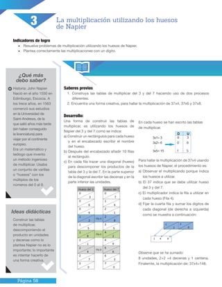 Página 58
Indicadores de logro
•	 Resuelve problemas de multiplicación utilizando los huesos de Napier.
•	 Plantea correctamente las multiplicaciones con un dígito.
¿Qué más
debo saber?
Saberes previos
1. Construya las tablas de multiplicar del 3 y del 7 haciendo uso de dos procesos
diferentes.
2. Encuentra una forma creativa, para hallar la multiplicación de 37x4, 37x6 y 37x8.
Ideas didácticas
La multiplicación utilizando los huesos
de Napier
Construir las tablas
de multiplicar,
descomponiendo el
producto en unidades
y decenas como lo
plantea Napier no es lo
importante; lo importante
es intentar hacerlo de
una forma creativa.
Historia: John Napier
Nació en el año 1550 en
Edimburgo, Escocia. A
los trece años, en 1563
comenzó sus estudios
en la Universidad de
Saint-Andrews, de la
que salió años más tarde
(sin haber conseguido
la licenciatura) para
viajar por el continente
europeo.
Era un matemático y
teólogo que invento
un método ingenioso
de multiplicar. Usaba
un conjunto de varillas
o “huesos” con los
múltiplos de los
números del 0 al 9.
Desarrollo:
Una forma de construir las tablas de
multiplicar, es utilizando los huesos de
Napier del 3 y del 7 como se indica:
a) Construir un rectángulos para cada hueso
y en el encabezado escribir el nombre
del hueso.
b) Después del encabezado añadir 10 filas
al rectángulo.
c) En cada fila trazar una diagonal (hueso)
para descomponer los productos de la
tabla del 3 y la del 7. En la parte superior
de la diagonal escribir las decenas y en la
parte inferior las unidades.
En cada hueso se han escrito las tablas
de multiplicar.
Para hallar la multiplicación de 37x4 usando
los huesos de Napier, el procedimiento es:
a) Observar el multiplicando porque indica
los huesos a utilizar.
b) El 37 indica que se debe utilizar hueso
del 3 y del 7.
c) El multiplicador indica la fila a utilizar en
cada hueso (Fila 4).
d) Fijar la cuarta fila y sumar los dígitos de
cada diagonal (de derecha a izquierda)
como se muestra a continuación:
Observe que se ha sumado:
8 unidades, 2+2 =4 decenas y 1 centena.
Finalemte, la multiplicación de: 37x4=148.
3
 