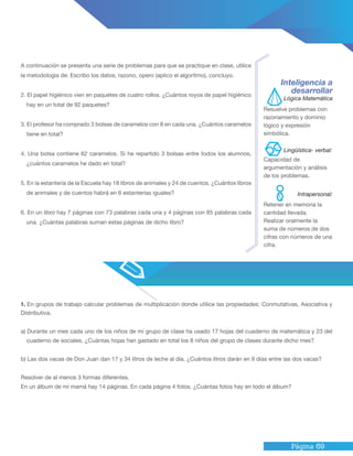 Página 69
1. En grupos de trabajo calcular problemas de multiplicación donde utilice las propiedades: Conmutativas, Asociativa y
Distributiva.
a) Durante un mes cada uno de los niños de mi grupo de clase ha usado 17 hojas del cuaderno de matemática y 23 del
cuaderno de sociales. ¿Cuántas hojas han gastado en total los 8 niños del grupo de clases durante dicho mes?
b) Las dos vacas de Don Juan dan 17 y 34 litros de leche al día. ¿Cuántos litros darán en 9 días entre las dos vacas?
Resolver de al menos 3 formas diferentes.
En un álbum de mi mamá hay 14 páginas. En cada página 4 fotos. ¿Cuántas fotos hay en todo el álbum?
A continuación se presenta una serie de problemas para que se practique en clase, utilice
la metodología de: Escribo los datos, razono, opero (aplico el algoritmo), concluyo.
2. El papel higiénico vien en paquetes de cuatro rollos. ¿Cuántos royos de papel higiénico
hay en un total de 92 paquetes?
3. El profesor ha comprado 3 bolsas de caramelos con 8 en cada una. ¿Cuántos caramelos
tiene en total?
4. Una bolsa contiene 62 caramelos. Si he repartido 3 bolsas entre todos los alumnos,
¿cuántos caramelos he dado en total?
5. En la estantería de la Escuela hay 18 libros de animales y 24 de cuentos. ¿Cuántos libros
de animales y de cuentos habrá en 6 estanterías iguales?
6. En un libro hay 7 páginas con 73 palabras cada una y 4 páginas con 85 palabras cada
una. ¿Cuántas palabras suman estas páginas de dicho libro?
Inteligencia a
desarrollar
Retener en memoria la
cantidad llevada.
Realizar oralmente la
suma de números de dos
cifras con números de una
cifra.
Capacidad de
argumentación y análisis
de los problemas.
Resuelve problemas con
razonamiento y dominio
lógico y expresión
simbólica.
Lógica Matemática
Intrapersonal:
Lingüística- verbal:
 