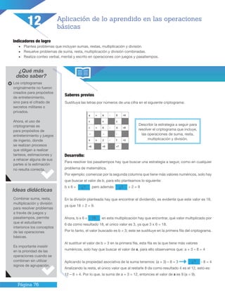 Página 76
Indicadores de logro
•	 Plantea problemas que incluyan sumas, restas, multiplicación y división.
•	 Resuelve problemas de suma, resta, multiplicación y división combinadas.
•	 Realiza conteo verbal, mental y escrito en operaciones con juegos y pasatiempos.
¿Qué más
debo saber?
Saberes previos
Sustituya las letras por números de una cifra en el siguiente criptograma:
Aplicación de lo aprendido en las operaciones
básicas
Los criptogramas
originalmente no fueron
creados para propósitos
de entretenimiento,
sino para el cifrado de
secretos militares o
privados.
Ahora, el uso de
criptogramas es
para propósitos de
entretenimiento y juegos
de ingenio, donde
se realizan procesos
que obligan a realizar
tanteos, estimaciones y
a rehacer alguna de sus
partes si la estimación
no resulta correcta.
Ideas didácticas
Combinar suma, resta,
multiplicación y división
para resolver problemas
a través de juegos y
pasatiempos, permite
que el estudiante
interiorice los conceptos
de las operaciones
básicas.
Es importante insistir
en la prioridad de las
operaciones cuando se
combinan sin utilizar
signos de agrupación.
12
Desarrollo:
Para resolver los pasatiempos hay que buscar una estrategia a seguir, como en cualquier
problema de matemática.
Por ejemplo: comenzar por la segunda columna que tiene más valores numéricos, solo hay
que buscar el valor de b, para ello planteamos lo siguiente:
b x 6 = ¿? pero además: ¿? ÷ 2 = 9
En la división planteada hay que encontrar el dividendo, es evidente que este valor es 18,
ya que 18 ÷ 2 = 9.
Ahora, b x 6 = 18 en esta multiplicación hay que encontrar, qué valor multiplicado por
6 da como resultado 18, el único valor es 3, ya que 3 x 6 = 18.
Por lo tanto, el valor buscado es b = 3; este se sustituye en la primera fila del criptograma.
Al sustituir el valor de b = 3 en la primera fila, esta fila es la que tiene más valores
numéricos, solo hay que buscar el valor de a, para ello observamos que: a + 3 – 8 = 4
Aplicando la propiedad asociativa de la suma tenemos: (a + 3) – 8 = 3 ¿? - 8 = 4
Analizando la resta, el único valor que al restarle 8 da como resultado 4 es el 12, esto es:
12 – 8 = 4. Por lo que, la suma de a + 3 = 12, entonces el valor de a es 9 (a = 9).
Describir la estrategia a seguir para
resolver el criptograma que incluye,
las operaciones de suma, resta,
multiplicación y división.
 