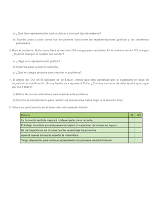 a) ¿Qué otra representación podría utilizar y con qué tipo de material?
b) Escriba paso a paso como sus estudiantes solucionan las representaciones gráficas y los problemas
planteados.
3. Para el problema: Doña Juana llevó al mercado 258 mangos para venderlos. En la mañana vendió 179 mangos
¿Cuántos mangos le quedan por vender?
a) ¿Haga una representación gráfica?
b) Describa paso a paso la solución.
c) ¿Qué estrategia propone para resolver el problema?
4. El precio del DUI en El Salvador es de $10.31, precio que será cancelado por el ciudadano en caso de
reposición o modificación. Si una familia va a reponer 5 DUI´s, ¿Cuántos centavos de dólar tendrá que pagar
por los 5 DUI´s?
a) Utilice las sumas reiterativas para resolver este problema.
b) Escriba el procedimiento para realizar las operaciones hasta llegar a la solución final.
5. Valore su participación en el desarrollo del presente módulo.
Criterio SI NO
La formación recibida mejorará mi desempeño como docente.
El trabajo durante la jornada presencial mejoró mi capacidad de trabajar en equipo
Mi participación en los círculos de inter aprendizaje fue proactiva
Aprendí nuevas formas de enseñar la matemática
Tengo disposición para continuar aprendiendo con procesos de autoformación
 