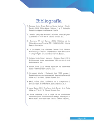 Página 81
1. Bergasa, Javier; Eraso, Dolores; García, Victoria y Goyén,
Sergio (1996). Matemáticas. Volumen 1 y 2. Materiales
Didácticos. Gobierno de Navarra. España.
2. Centeno, Julia (1988). Números Decimales ¿Por qué? ¿Para
qué? ISBN: 84-7738-028-7. Editorial Síntesis. S.A.
3. Chamorro, M° del Carmen (2003). Didáctica de las
Matemáticas para Primaria. ISBN 9788420534541. Editorial
Pearson Educación.
4. Cid, Eva; Godino, Juan y Batanero, Carmen (2003). Sistemas
Numéricos y su Práctica para Maestros. ISBN: 84-932510-
4-6. ReproDigital. Universidad de Granada. España.
5. Dickson, Linda; Brown, Margaret y Gobson, Olwen (1991).
El Aprendizaje de las Matemáticas. ISBN: 84-335-5148-5.
Editorial Labor, S.A.
6. Dowek, Gilles (2006). Quiere Jugar con las Matemática.
ISBN: 9788446021001. Editorial Akal.
7. Fernández, Josefa y Rodríguez, Inés (1989) Juegos y
Pasatiempos para la enseñanza de la Matemática Elemental.
ISBN: 84-7738-060-0. Editorial Síntesis. S.A.
8. Maza, Carlos (1991). Enseñanza de la Multiplicación y
División. ISBN: 84-7738-121-6. Editorial Síntesis. S.A.
9. Maza, Carlos (1991). Enseñanza de la Suma y de la Resta.
ISBN: 84-7738-117-8. Editorial Síntesis. S.A.
10. Potter, Lawrence (2008). A Jugar con las Matemáticas.
Divertirse con las Matemáticas es la Mejor Terapia para la
Mente. ISBN: 9788496924086. Editorial MANOS TROPPO.
Bibliografía
 