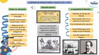 GOBIERNO DE MANUEL PARDO Y LAVALLE 1972 – 1976
Pardo y la educación La expedición El Talismán
Situación externa
Reglamento de
instrucción gratuita
Estudio en la escuela
de grumetes, cabos
Decreto contra la
ociosidad
Primer y tercer grado
obligatorio
Crea la UNI
Autonomía a las
universidades
Publica Tradiciones
Peruanas
Ante la amenaza del
expacionismo chileno y
Ingles Perú y Bolivia
firma el Pacto de mutua
defenza
Rebelión de Nicolas de
Piérola
Fue nombrado jefe supremo
Zarpo desde chile en un
pequeña embarcación
Fue derrotado en Los
Ángeles.
Ocupó Moquegua para
luego ocupar Arequipa
 