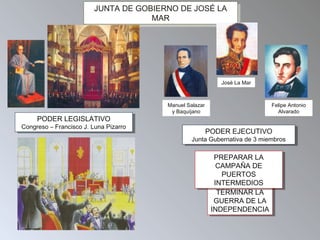JUNTA DE GOBIERNO DE JOSÉ LA
MAR
JUNTA DE GOBIERNO DE JOSÉ LA
MAR
José La Mar
Manuel Salazar
y Baquíjano
Felipe Antonio
Alvarado
PODER LEGISLATIVO
Congreso – Francisco J. Luna Pizarro
PODER LEGISLATIVO
Congreso – Francisco J. Luna Pizarro
PODER EJECUTIVO
Junta Gubernativa de 3 miembros
PODER EJECUTIVO
Junta Gubernativa de 3 miembros
TERMINAR LA
GUERRA DE LA
INDEPENDENCIA
TERMINAR LA
GUERRA DE LA
INDEPENDENCIA
PREPARAR LA
CAMPAÑA DE
PUERTOS
INTERMEDIOS
PREPARAR LA
CAMPAÑA DE
PUERTOS
INTERMEDIOS
 