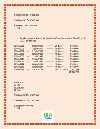 8´000.000/30*20= 5´333.333
8´000.000/30*15= 4´000.000
4´000.000*130= 1´444.444
360
 Ángela ingresa a laborar el 23/abril/2005 es despedida el 26/jul/2014. Su
salario $7´300.000
23/abr/2005 – 22/abr/2006 20 días = 4´866.666
23/abr/2006 – 22/abr/2007 15 días = 3´650.000
23/abr/2007 – 22/abr/2008 15 días = 3´650.000
23/abr/2008 – 22/abr/2009 15 días = 3´650.000
23/abr/2009 – 22/abr/2010 15 días = 3´650.000
23/abr/2010 – 22/abr/2011 15 días = 3´650.000
23/abr/2011 – 22/abr/2012 15 días = 3´650.000
23/abr/2012 – 22/abr/2013 15 días = 3´650.000
23/abr/2013 – 22/abr/2014 15 días = 3´650.000
23/abr/2014 – 26/ jul /2014 proporcional = 953.054
35´019.720
8 días abril
60 días
26 días julio
94 días
7´300.000/30*20= 4´866.666
7´300.000/30*15= 3´650.000
3´650.000*94= 953.054
360
 