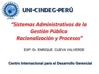 UNI-C INDE G-PE RÚ

 “Sistemas Administrativos de la
        Gestión Pública
   Racionalización y Procesos”
         EXP: Dr. ENRIQUE CUEVA VALVERDE



Centro Internacional para el Desarrollo Gerencial
 