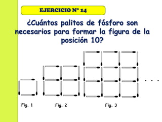 EJERCICIO N° 14

   ¿Cuántos palitos de fósforo son
necesarios para formar la figura de la
             posición 10?




                                     . . .


 Fig. 1        Fig. 2       Fig. 3
 