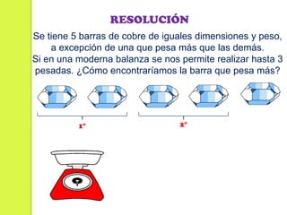 RESOLUCIÓN
Se tiene 5 barras de cobre de iguales dimensiones y peso,
    a excepción de una que pesa más que las demás.
Si en una moderna balanza se nos permite realizar hasta 3
pesadas. ¿Cómo encontraríamos la barra que pesa más?




          1°                     2°
 