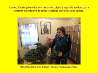 Confección de guirnaldas con ramas de coigüe y hojas de avellano para
adornar el santuario de Jesús Nazareno en su fiesta de agosto.
Doña Elba Haro, este trabajo requiere mucha paciencia…
 