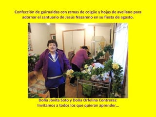 Confección de guirnaldas con ramas de coigüe y hojas de avellano para
adornar el santuario de Jesús Nazareno en su fiesta de agosto.
Doña Jovita Soto y Doña Orfelina Contreras:
Invitamos a todos los que quieran aprender…
 