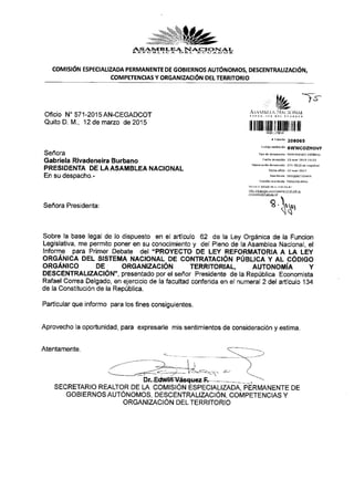 Primer Debate del Proyecto de Ley Reformatoria a la Ley Orgánica del Sistema Nacional de Contratación Pública y al Código ...