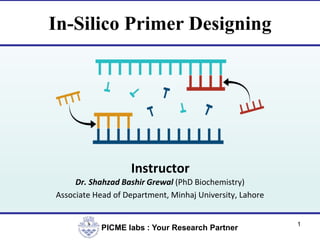 In-Silico Primer Designing
Dr. Shahzad Bashir Grewal (PhD Biochemistry)
Associate Head of Department, Minhaj University, Lahore
Instructor
PICME labs : Your Research Partner
1
 