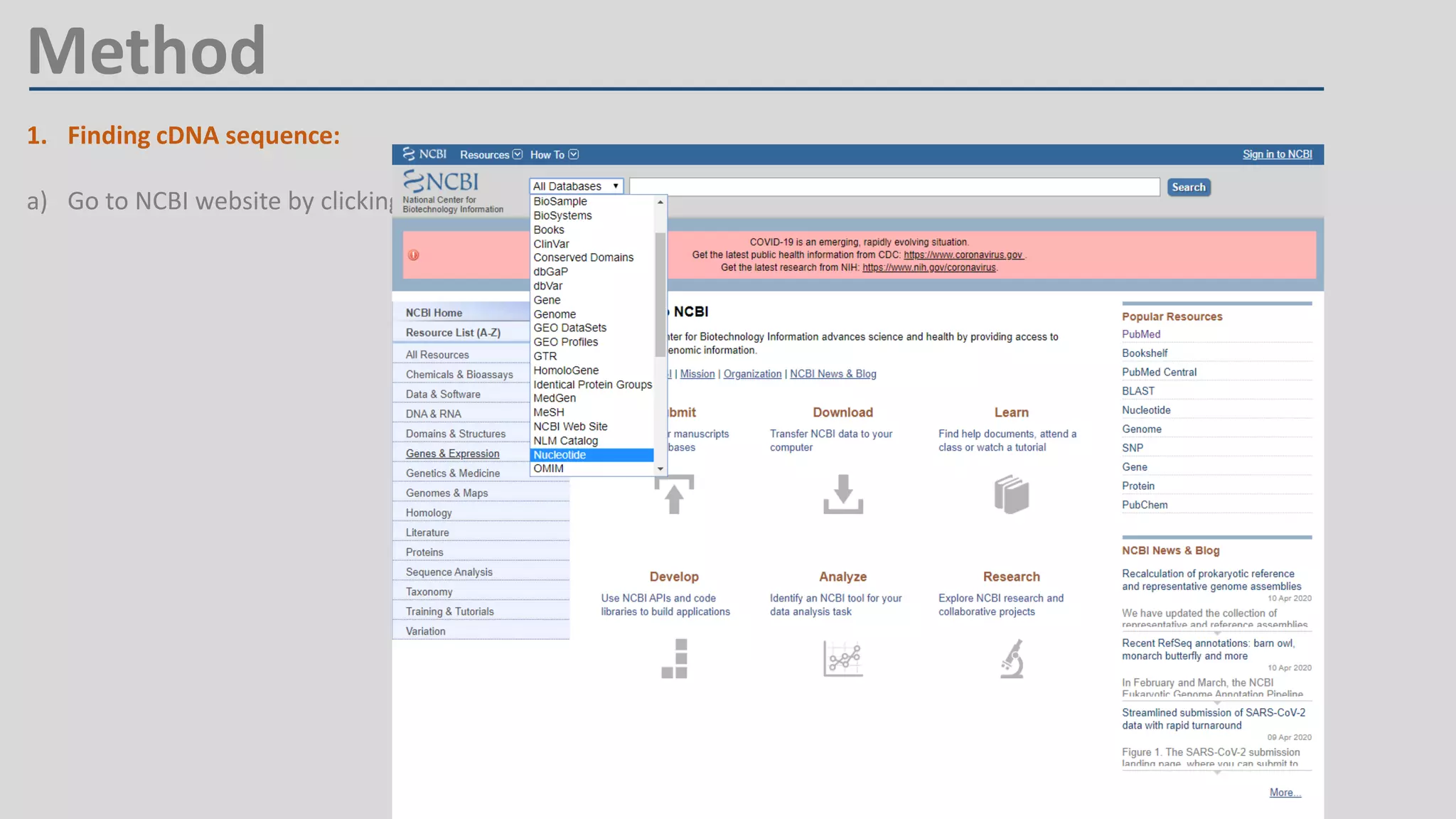 Method
1. Finding cDNA sequence:
a) Go to NCBI website by clicking https://www.ncbi.nlm.nih.gov/
 