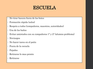 ESCUELA
• No tirar basura fuera de los botes
• Formación rápida (solos)
• Respeto a todos (compañeros, maestros, autoridades)
• Uso de los baños
• Evitar amistades con su compañeros 1° y 2° (alumno problema)
• Noviazgos
• No hacer tarea en el patio
• Fuera de la escuela
• Fajados
• Retirarse lo mas pronto
• Retirarse
 