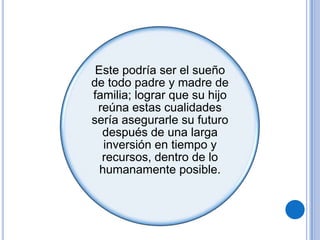 Este podría ser el sueño
de todo padre y madre de
familia; lograr que su hijo
reúna estas cualidades
sería asegurarle su futuro
después de una larga
inversión en tiempo y
recursos, dentro de lo
humanamente posible.
 
