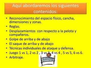 Aquí abordaremos los siguientes
contenidos:
• Reconocimiento del espacio físico, cancha,
dimensiones y zonas.
• Reglas.
• Desplazamientos con respecto a la pelota y
compañeros.
• Golpe de arriba y de abajo
• El saque de arriba y de abajo
• Técnicas individuales de ataque y defensa.
• Juego 1 vs 1, 2 vs 2 , 3 vs 3, 4 vs 4 , 5 vs 5, 6 vs 6.
• Arbitraje.
 