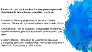 En relación con las áreas funcionales que comprende la
planeación de la institución educativa, puede ser:
Académica: Planes y programas de estudios; Diseño
curricular; Planeación y proyección de escenarios educativos.
Administrativa: Plan de inversión, presupuestos financieros,
recursos humanos; personal académico, administrativo y de
apoyo.
Escolar o técnica: Planeación de la demanda educativa;
Calendarios escolares; Inscripciones; Actividades culturales y
deportivas; Expedientes y calificaciones
 