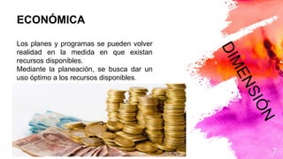 7
ECONÓMICA
Los planes y programas se pueden volver
realidad en la medida en que existan
recursos disponibles.
Mediante la planeación, se busca dar un
uso óptimo a los recursos disponibles.
 