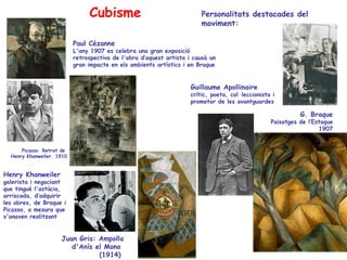 Cubisme                                  Personalitats destacades del
                                                                         moviment:

                           Paul Cézanne
                           L'any 1907 es celebra una gran exposició
                           retrospectiva de l'obra d’aquest artista i causà un
                           gran impacte en els ambients artístics i en Braque


                                                                     Guillaume Apollinaire
                                                                     crític, poeta, col·leccionista i
                                                                     promotor de les avantguardes

                                                                                                             G. Braque
                                                                                                   Paisatges de l’Estaque
                                                                                                                    1907


      Picasso. Retrat de
  Henry Khanweiler. 1910


Henry Khanweiler
galerista i negociant
que tingué l'astúcia,
arriscada, d’adquirir
les obres, de Braque i
Picasso, a mesura que
s'anaven realitzant


                     Juan Gris: Ampolla
                        d'Anís el Mono
                                (1914)
 